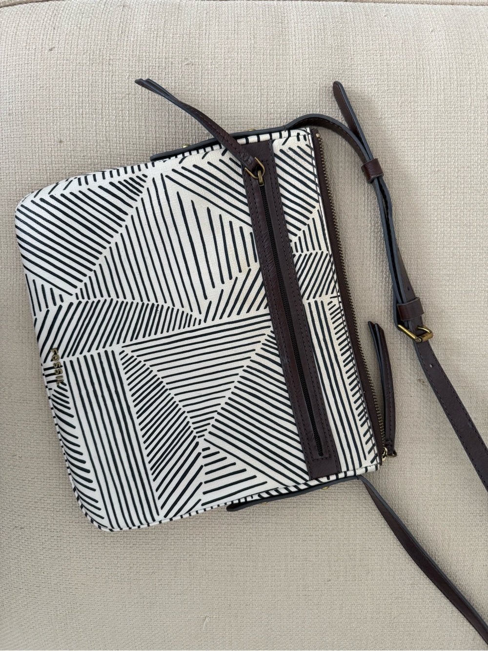 Fossil Black & White Patterned Crossbody with Brown Strap